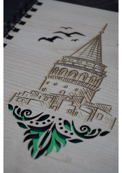 Galata Kulesi Konsept Ahşap Defter - Ajanda - Günlük - Çizgisiz Defter-A5 Notebook-Hatıra Defteri modelleri