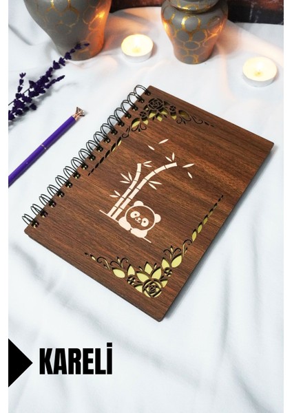 Panda Ahşap Kapaklı Spiralli Okul Defteri - Kareli Defter - 60 Yaprak (120 Sayfa) - A5 15X21 cm