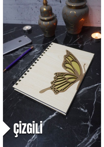 Kelebek Temalı Ahşap Kapaklı Defter - Çizgili Defter - Ajanda - Okul Defteri (A5 - 120 Sayfa)