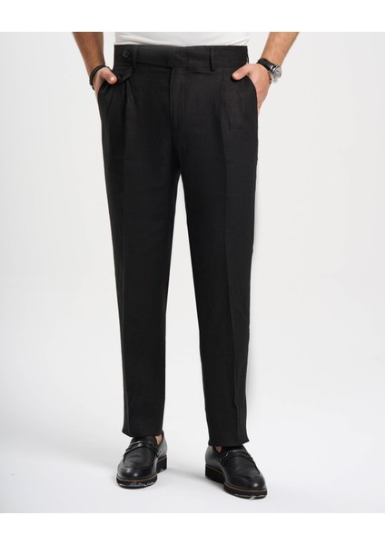 Italyan Stil Slim Fit Keten Karışımlı Pantolon Siyah T13626