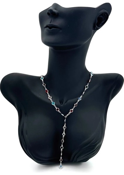 Çok Renkli Kararmaz Gümüş (Stainless Steel) Yuvarlak Taşlı Y Çelik Kolye
