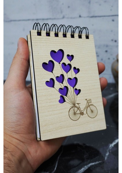 Bisiklet Balon Temalı Ahşap Kapaklı Not Defteri - Mini Defter - Cep Defteri - Benim Listem