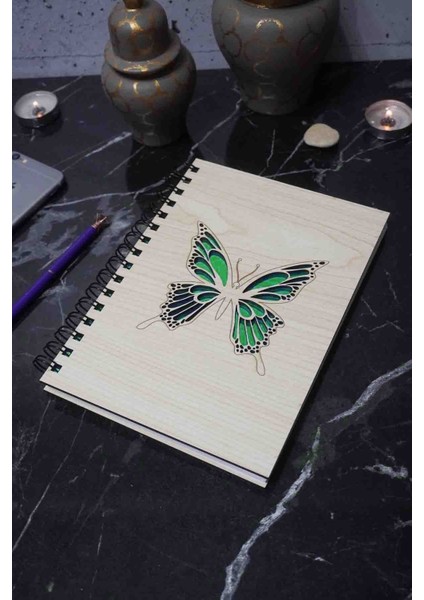 Kelebek Desenli Ahşap Defter - Günlük - Çizgisiz Defter (Anı Defteri) A5 Çizgisiz Ajanda