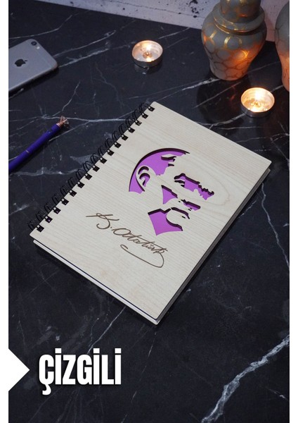 Kemal Atatürk Temalı Ahşap Kapaklı Defter - Çizgili Defter - Ajanda - Okul Defteri (A5 - 120 Sayfa)