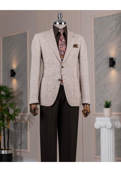Italyan Stil Slim Fit Mono Yaka Erkek Tek Ceket Kahverengi T14357