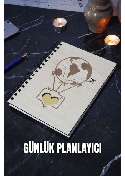 Balon Tasarım Ahşap Plan Defteri - Süresiz Ajanda - Günlük Planlayıcı (Tarihsiz Planlama Defteri) A5