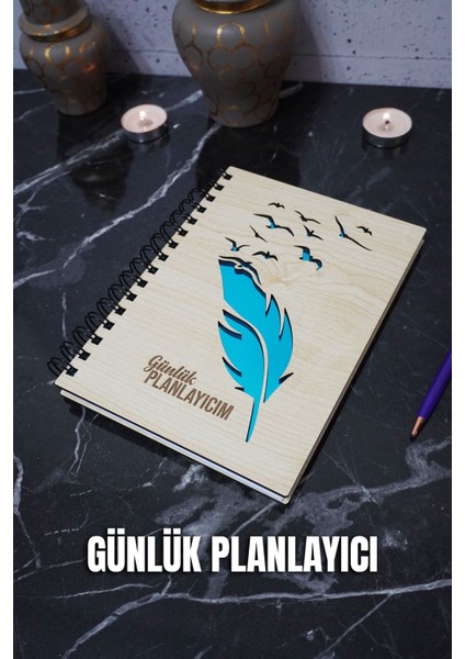 Kuşlu Tüy Kalem Ahşap Plan Defteri - Süresiz Ajanda - Günlük Planlayıcı (Planlama Defteri) A5