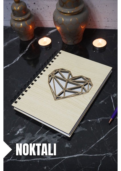 Kalp Temalı Ahşap Kapaklı Defter - Noktalı Defter - Ajanda - Okul Defteri (A5 - 120 Sayfa)