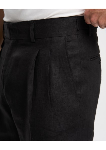 Italyan Stil Slim Fit Keten Karışımlı Pantolon Siyah T13626 modelleri