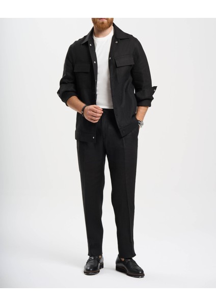 Italyan Stil Slim Fit Keten Karışımlı Pantolon Siyah T13626 indirimleri