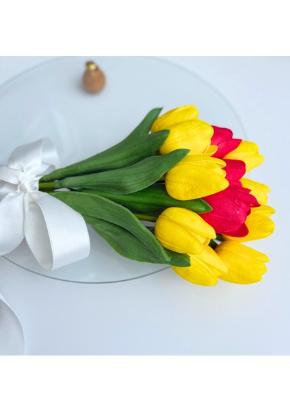 13'lü Sarı Kırmızı Lale Buketi, Dekoratif Yapay Çiçek Aranjmanı, Galatasaray Temalı, Kedi Biblo Hediyeli fiyatları