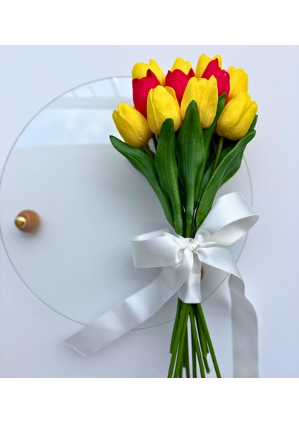 13'lü Sarı Kırmızı Lale Buketi, Dekoratif Yapay Çiçek Aranjmanı, Galatasaray Temalı, Kedi Biblo Hediyeli fırsatları