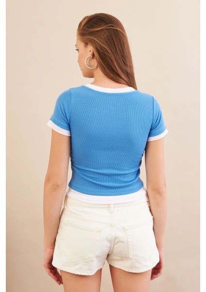 Kadın Mavi Büzgülü Beyaz Garnili Bluz MX9465 modelleri