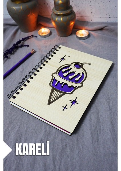 Dondurma Desenli Ahşap Kapaklı Defter - Kareli Defter - Ajanda - Okul Defteri (A5 - 120 Sayfa)