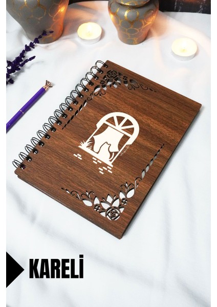 Kedi Pencere Ahşap Kapaklı Defter - Kareli Defter - 60 Yaprak (120 Sayfa) - A5 15X21 cm