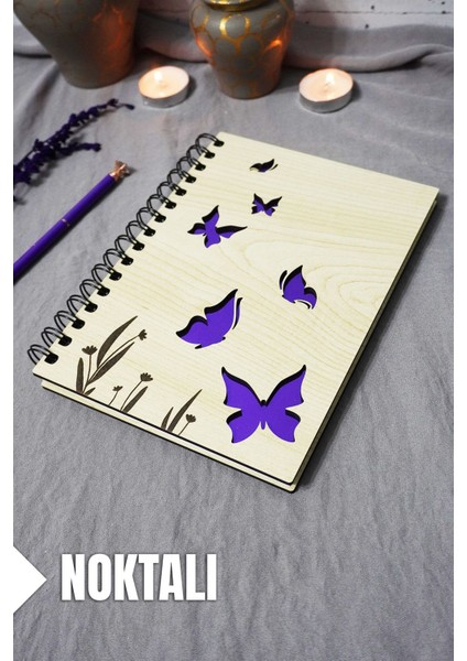 Kelebek Desenli Ahşap Kapaklı Defter - Noktalı Defter - Ajanda - Okul Defteri (A5 - 120 Sayfa)