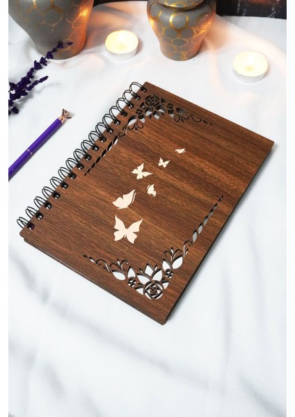 Kelebek Ahşap Kapaklı Defter - Kareli Defter - 60 Yaprak (120 Sayfa) - A5 15X21 cm