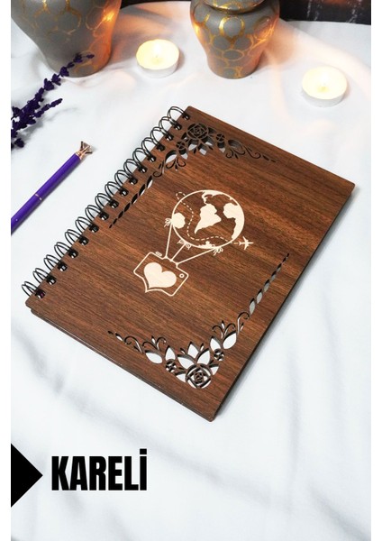 Uçan Balon Ahşap Kapaklı Defter - Kareli Defter - 60 Yaprak (120 Sayfa) - A5 15X21 cm