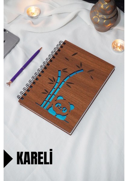 Panda Temalı Ahşap Kapaklı Defter - Kareli Defter - Ajanda - Okul Defteri (A5 - 120 Sayfa)