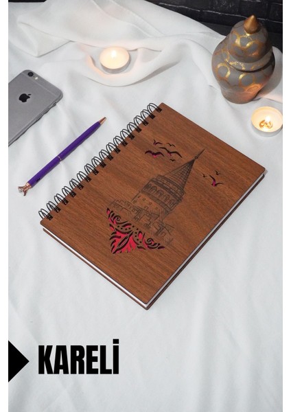 Galata Kulesi Temalı Ahşap Kapaklı Defter - Kareli Defter - Ajanda - Okul Defteri (A5 - 120 Sayfa)