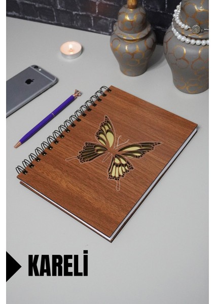 Kelebek Temalı Ahşap Kapaklı Defter - Kareli Defter - Ajanda - Okul Defteri (A5 - 120 Sayfa)