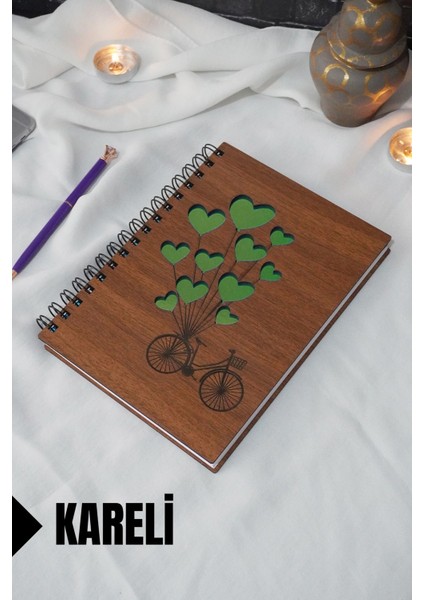 Bisiklet Balon Temalı Ahşap Kapaklı Defter - Kareli Defter - Ajanda - Okul Defteri (A5 - 120 Sayfa)