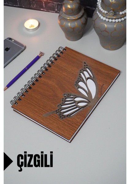 Kelebek Temalı Ahşap Kapaklı Defter - Çizgili Defter - Ajanda - Okul Defteri (A5 - 120 Sayfa)