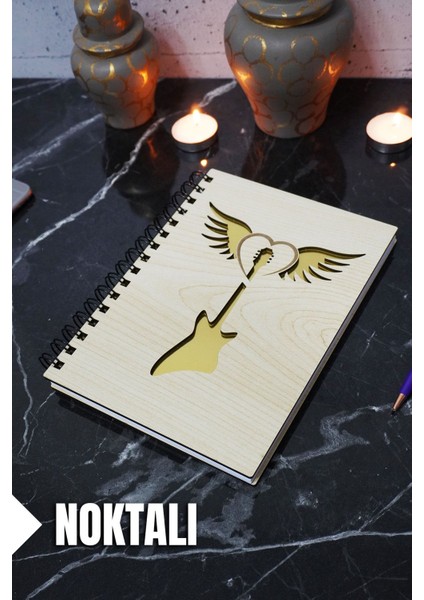Gitar Kanat Temalı Ahşap Kapaklı Defter - Noktalı Defter - Ajanda - Okul Defteri (A5 - 120 Sayfa)