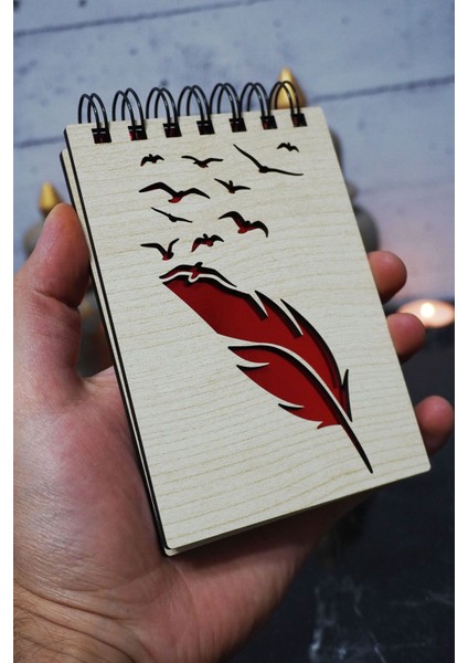 Kuş Tüy Temalı Ahşap Kapaklı Not Defteri - Mini Defter - Cep Defteri - Benim Listem