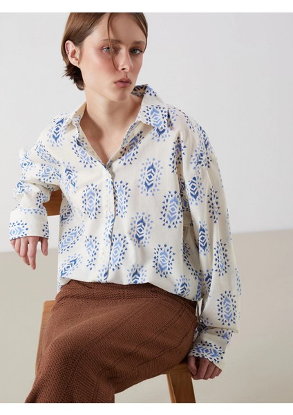 Lcw Vision Mavi Desenli Oversize Kadın Gömlek