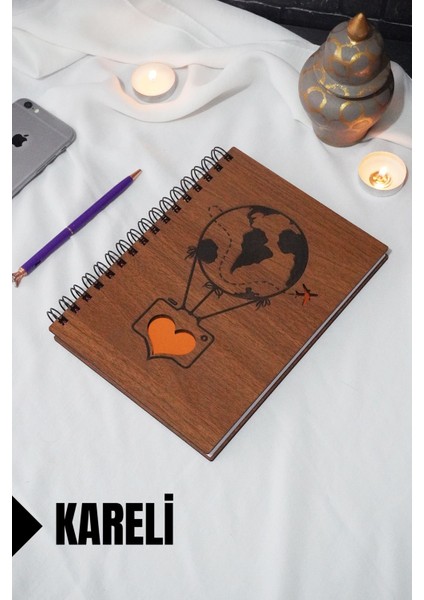 Uçan Balon Temalı Ahşap Kapaklı Defter - Kareli Defter - Ajanda - Okul Defteri (A5 - 120 Sayfa)
