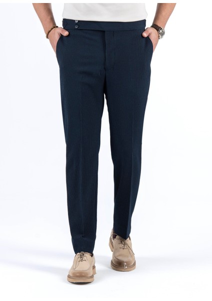 Italyan Stil Slim Fit Bel Detaylı Çizgili Erkek Pantalon Lacivert T13684