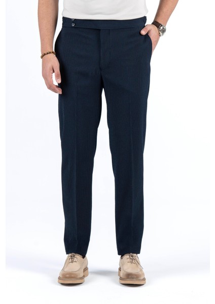 Italyan Stil Slim Fit Bel Detaylı Çizgili Erkek Pantalon Lacivert T13684 modelleri