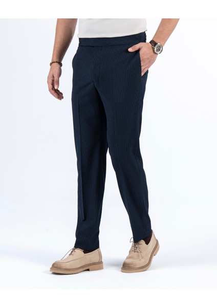 Italyan Stil Slim Fit Bel Detaylı Çizgili Erkek Pantalon Lacivert T13684 fırsatları