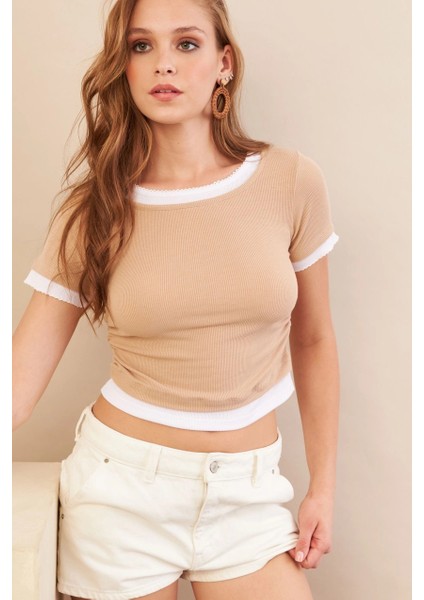Kadın Camel Büzgülü Beyaz Garnili Bluz MX9465 fırsatları