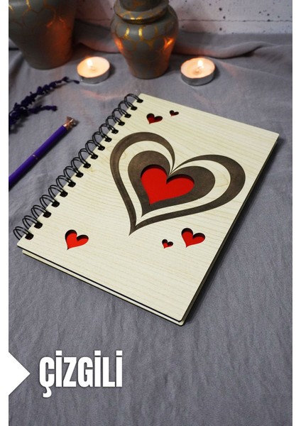 Kalp Desenli Ahşap Kapaklı Defter - Çizgili Defter - Ajanda - Okul Defteri (A5 - 120 Sayfa)