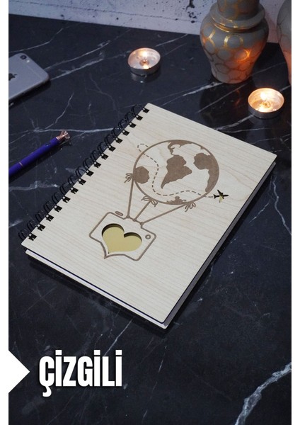 Uçan Balon Temalı Ahşap Kapaklı Defter - Çizgili Defter - Ajanda - Okul Defteri (A5 - 120 Sayfa)