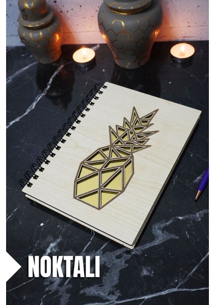 Ananas Temalı Ahşap Kapaklı Defter - Noktalı Defter - Ajanda - Okul Defteri (A5 - 120 Sayfa)
