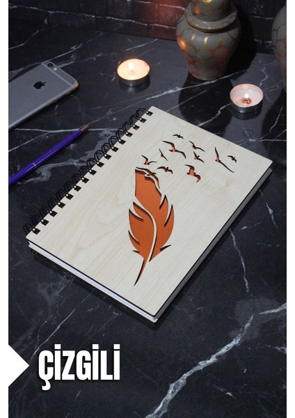 Kuş Tüy Temalı Ahşap Kapaklı Defter - Çizgili Defter - Ajanda - Okul Defteri (A5 - 120 Sayfa)