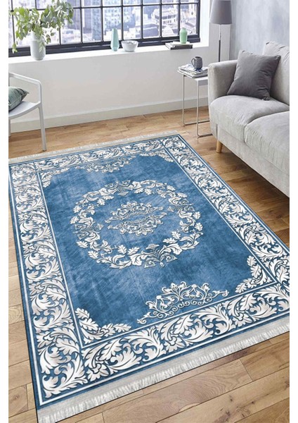 Klasik Desenli Mavi Makinede Yıkanabilir Kilim Kaymaz Dot Tabanlı Oturma Odası Halısı 3027B