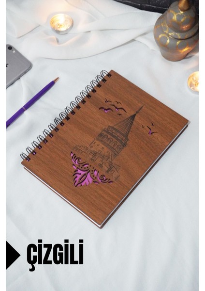 Galata Kulesi Temalı Ahşap Kapaklı Defter - Çizgili Defter - Ajanda - Okul Defteri (A5 - 120 Sayfa)