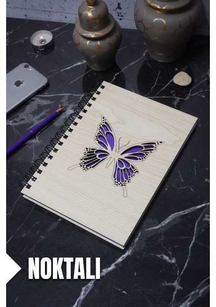 Kelebek Temalı Ahşap Kapaklı Defter - Noktalı Defter - Ajanda - Okul Defteri (A5 - 120 Sayfa)