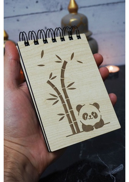 Panda Temalı Ahşap Kapaklı Not Defteri - Mini Defter - Cep Defteri - Benim Listem
