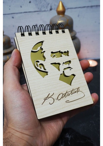 Kemal Atatürk Temalı Ahşap Kapaklı Not Defteri - Mini Defter - Cep Defteri - Benim Listem