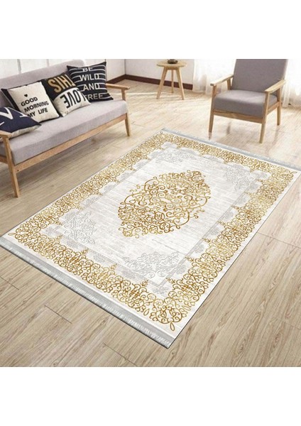 Vintage Motifli Makinede Yıkanabilir Kilim Kaymaz Dot Tabanlı Oturma Odası Halısı 3049A