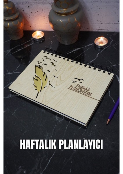 Kuş Tüyü Tasarım Ahşap Plan Defteri - Süresiz Ajanda - Haftalık Planlayıcı (Planlayıcı Defter) A5