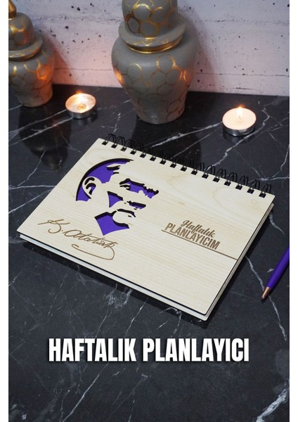 Mustafa Kemal Atatürk Ahşap Plan Defteri - Tarihsiz Ajanda - Haftalık Planlayıcı - A5