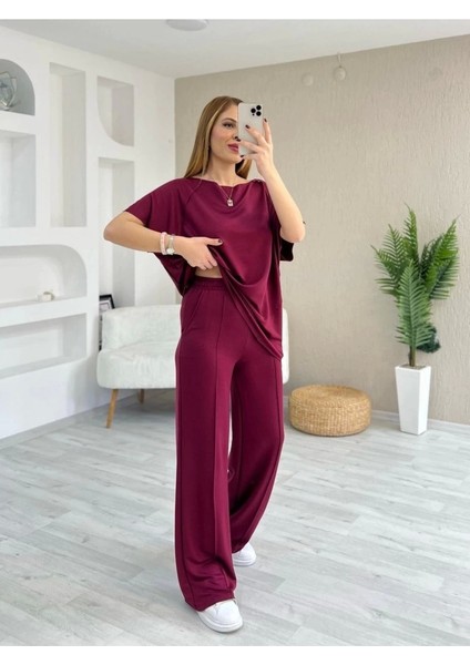 Kadın Kısa Kollu Kayık Yakalı Dikiş Izi Detaylı Viskon Iki Iplik Bluz ve Pantolon Ikili Takım modelleri