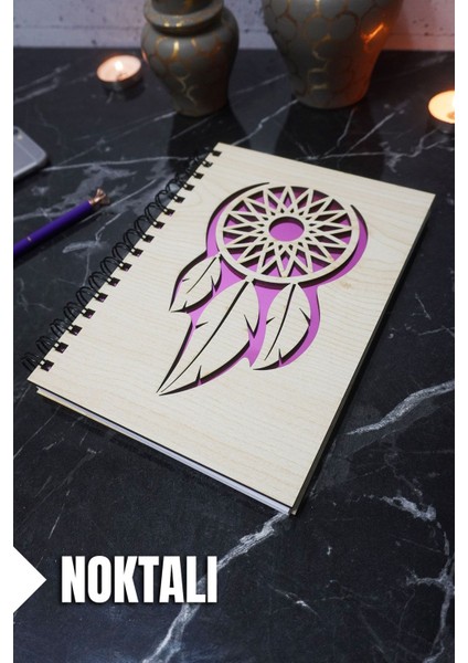Rüya Kapanı Temalı Ahşap Kapaklı Defter - Noktalı Defter - Ajanda - Okul Defteri (A5 - 120 Sayfa)