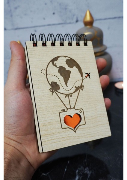 Balon Temalı Ahşap Kapaklı Not Defteri - Mini Defter - Cep Defteri - Benim Listem